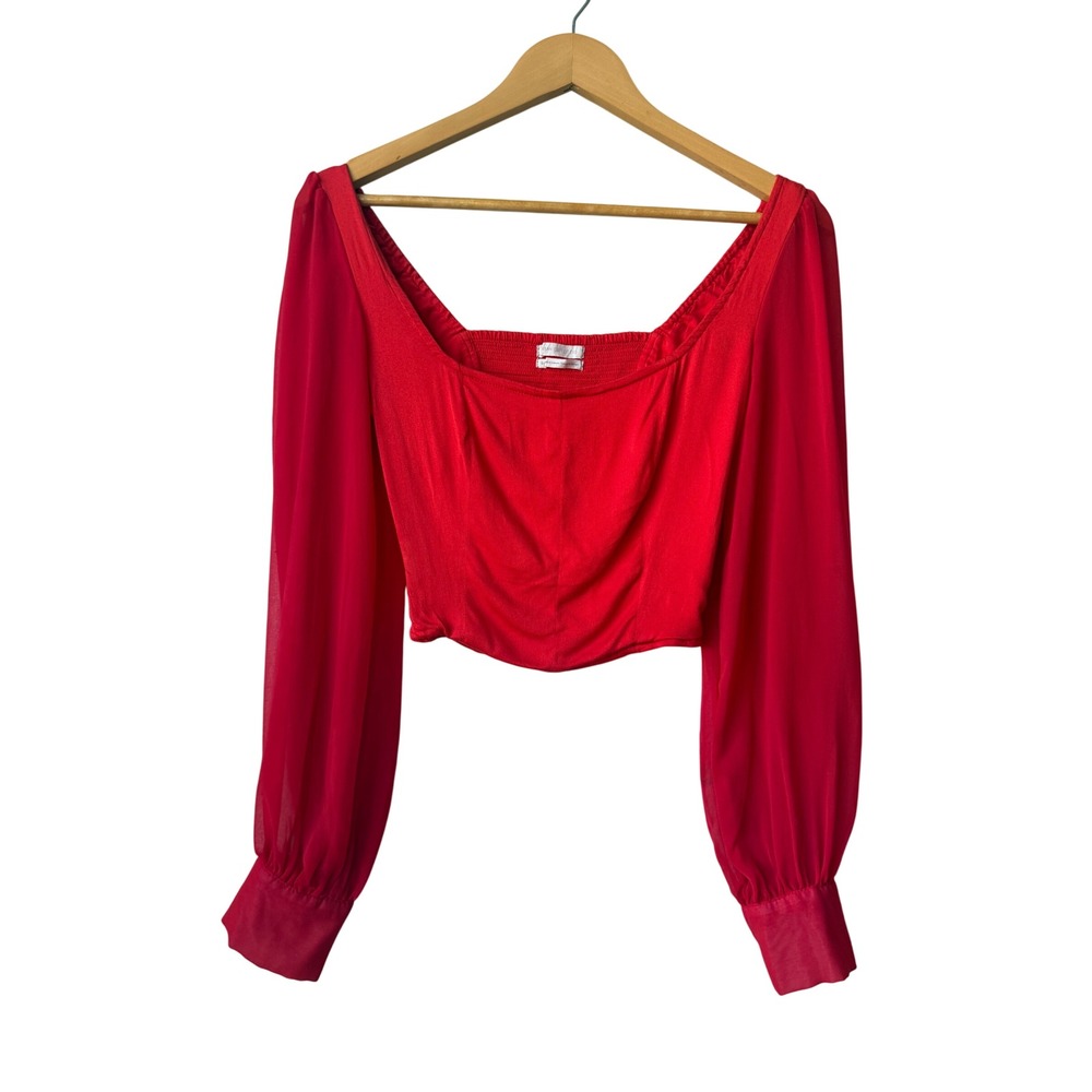 Urban Outfitters Long Sleeve Red Crop Top Size S Holiday Sheer Smocked Coquette